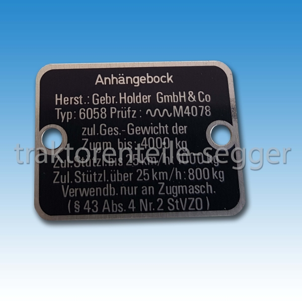 Typenschild für Anhängebock Holder A 40 A 50 A 60 A 62 A 65